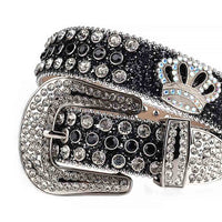 Sm  Rhinestones Black Leather Strap Belts Faceted Crystal White And Black Gems With Crown