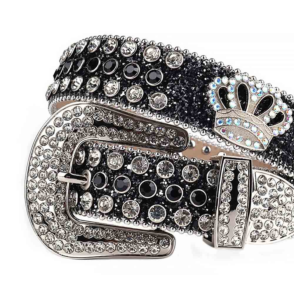 Sm  Rhinestones Black Leather Strap Belts Faceted Crystal White And Black Gems With Crown