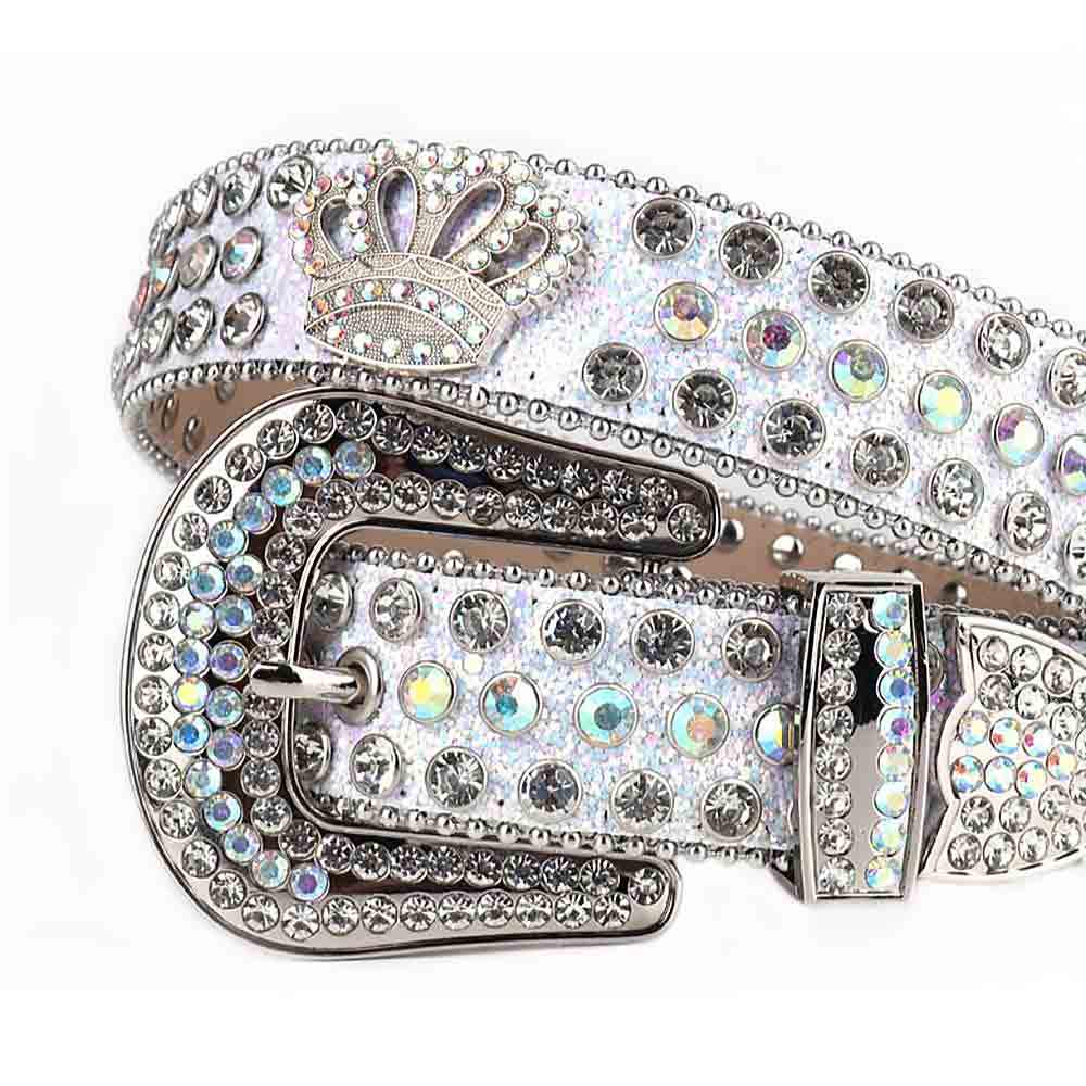 Sm  Rhinestones Leather Strap Belts Faceted Crystal White And White Multi Studs With Crown