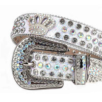 Sm  Rhinestones Leather Strap Belts Faceted Crystal White And White Multi Studs With Crown