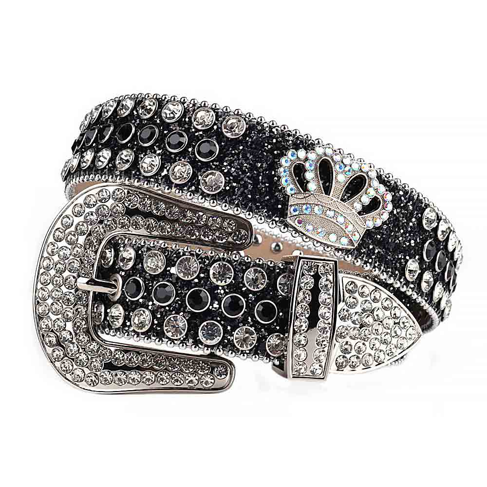 Sm  Rhinestones Black Leather Strap Belts Faceted Crystal White And Black Gems With Crown