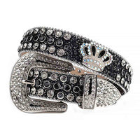 Sm  Rhinestones Black Leather Strap Belts Faceted Crystal White And Black Gems With Crown