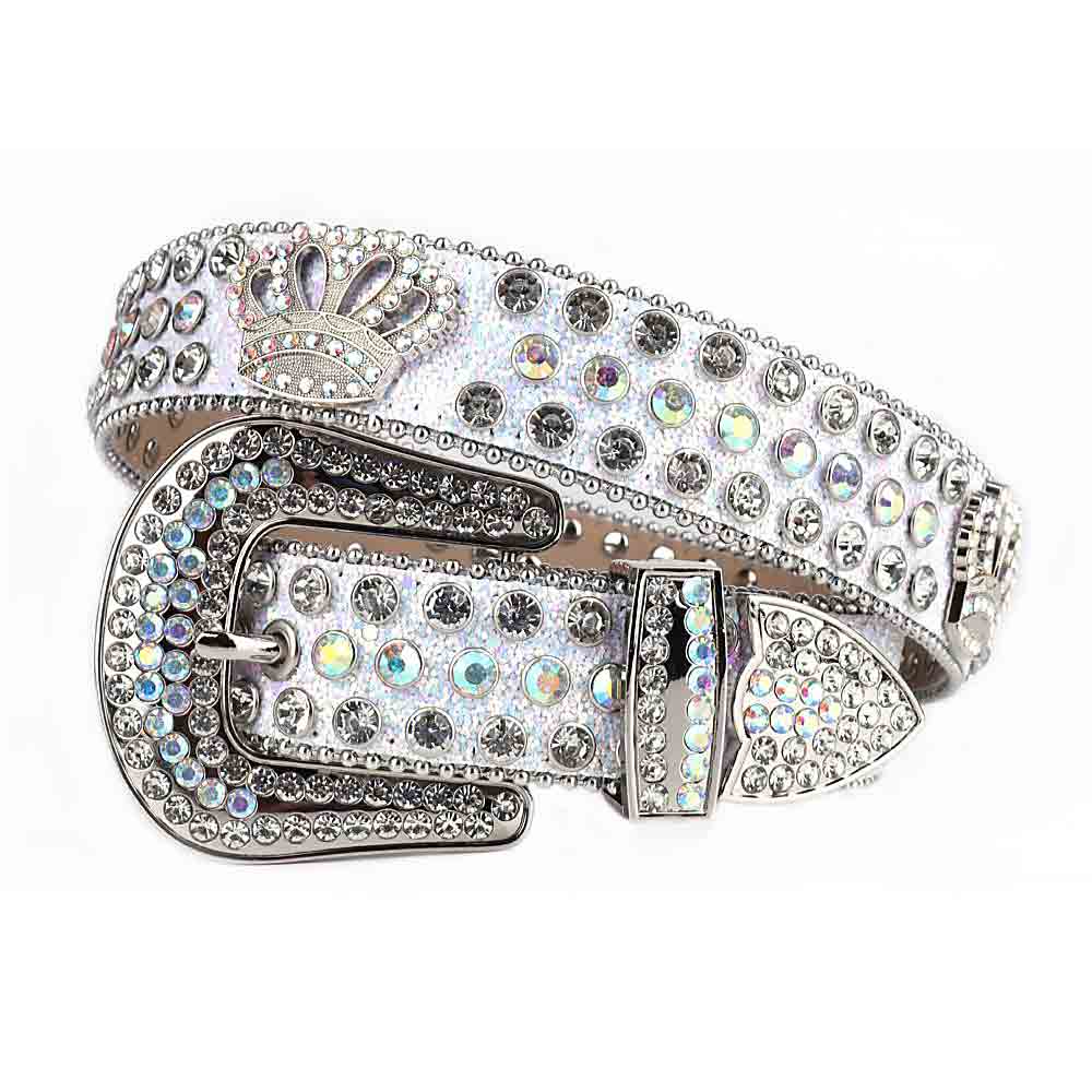 Sm  Rhinestones Leather Strap Belts Faceted Crystal White And White Multi Gems With Crown