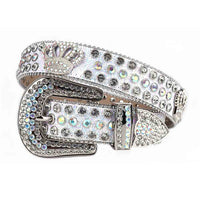Sm  Rhinestones Leather Strap Belts Faceted Crystal White And White Multi Gems With Crown