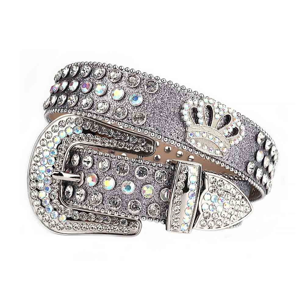 Rhinestone-Studded Silver Leather Strap Belts Faceted Crystal White And White Multi Gems With Crown