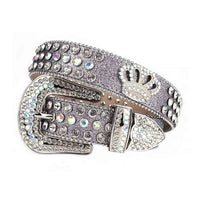 Rhinestone-Studded Silver Leather Strap Belts Faceted Crystal White And White Multi Gems With Crown