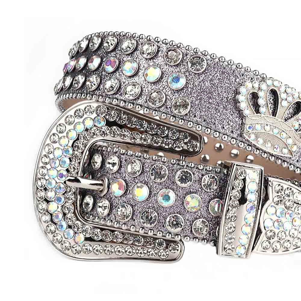 Rhinestone-Studded Silver Leather Strap Belts Faceted Crystal White And White Multi Gems With Crown