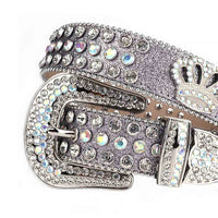 Rhinestone-Studded Silver Leather Strap Belts Faceted Crystal White And White Multi Gems With Crown