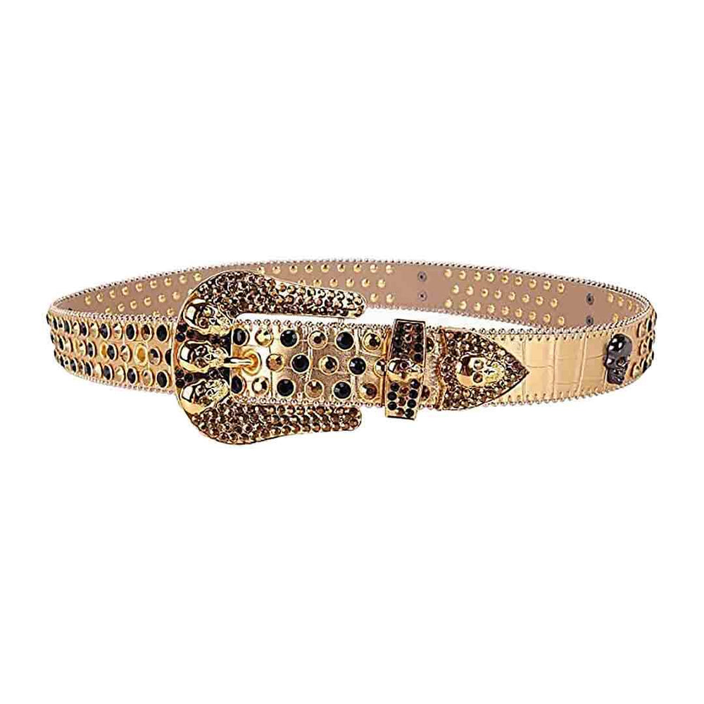 Gold Strap With Black & Gold Embellished Rhinestone Skulls Belt