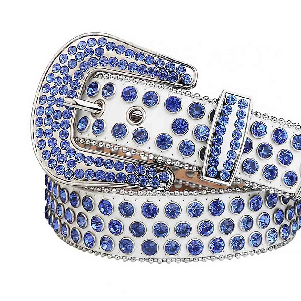 Sparkle White Leather Waist Belt With Blue Rhinestones And Silver Buckle