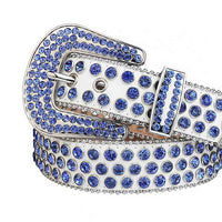 Sparkle White Leather Waist Belt With Blue Rhinestones And Silver Buckle