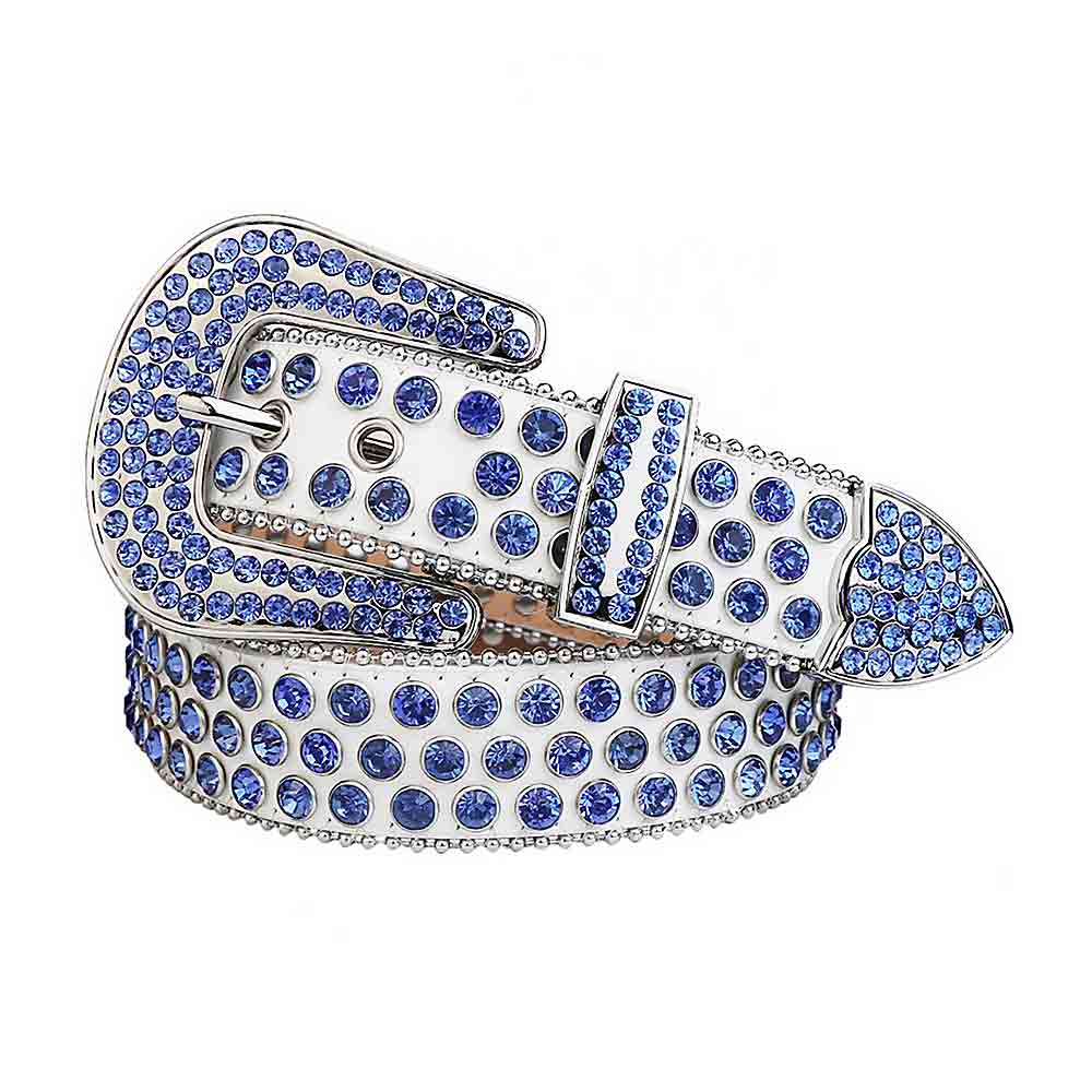 Sparkle White Leather Waist Belt With Blue Rhinestones And Silver Buckle