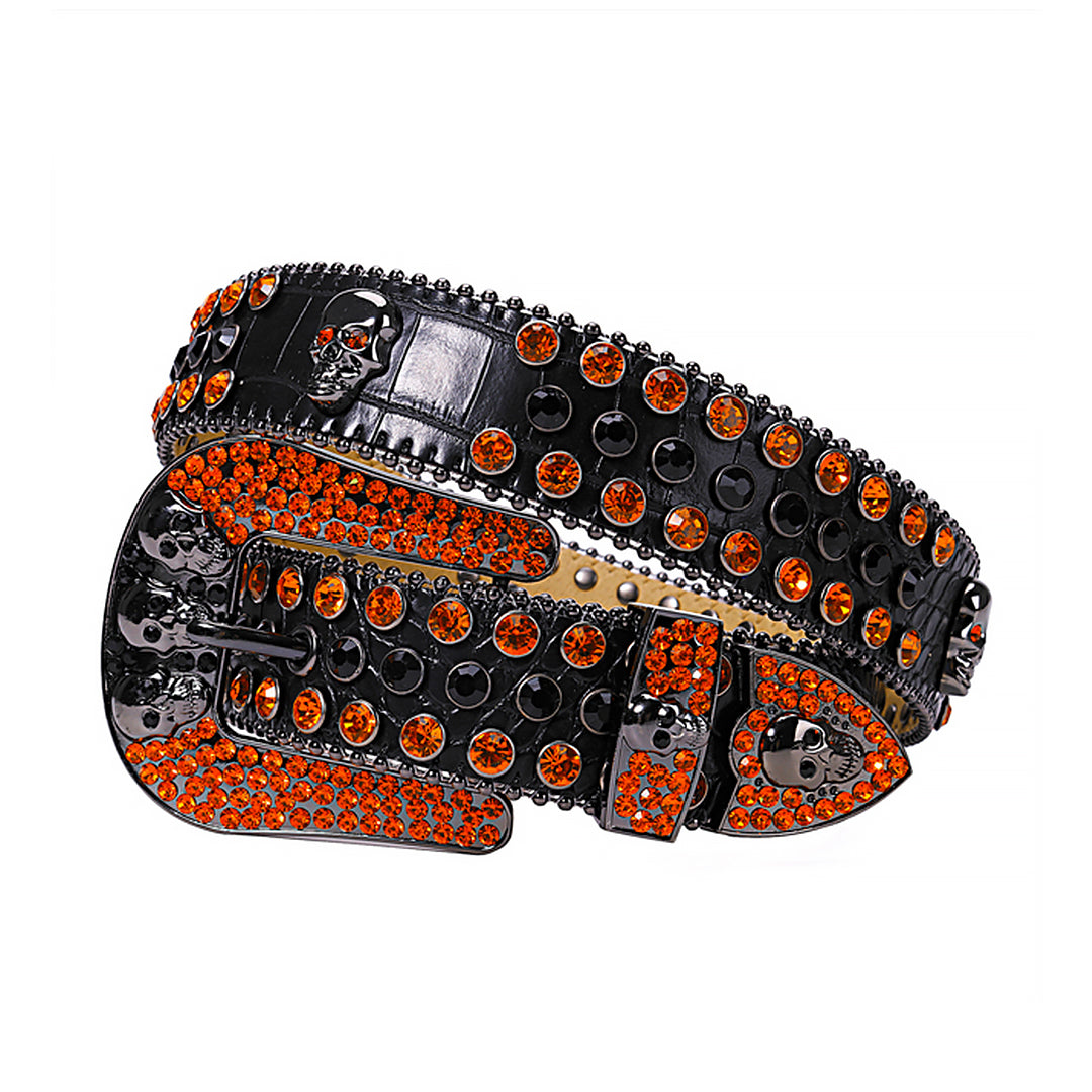 Skull Buckle Black Strap With Black & Orange Rhinestone Waist Belt