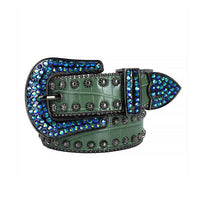 Green Leather Strap With Blue Crystal Shimmer Studs Belt