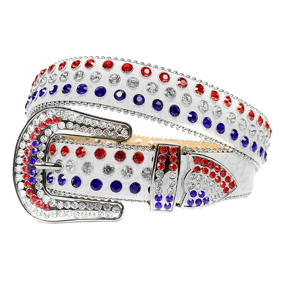 Plain White Strap With Sparkly Multi Rhinestone Belt