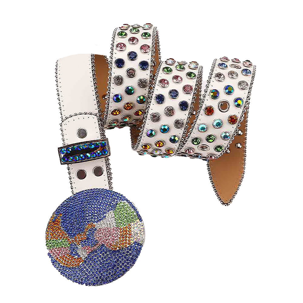 Globe Metal Buckle White Rhinestones Diamond Leather Waist Belt Earth World