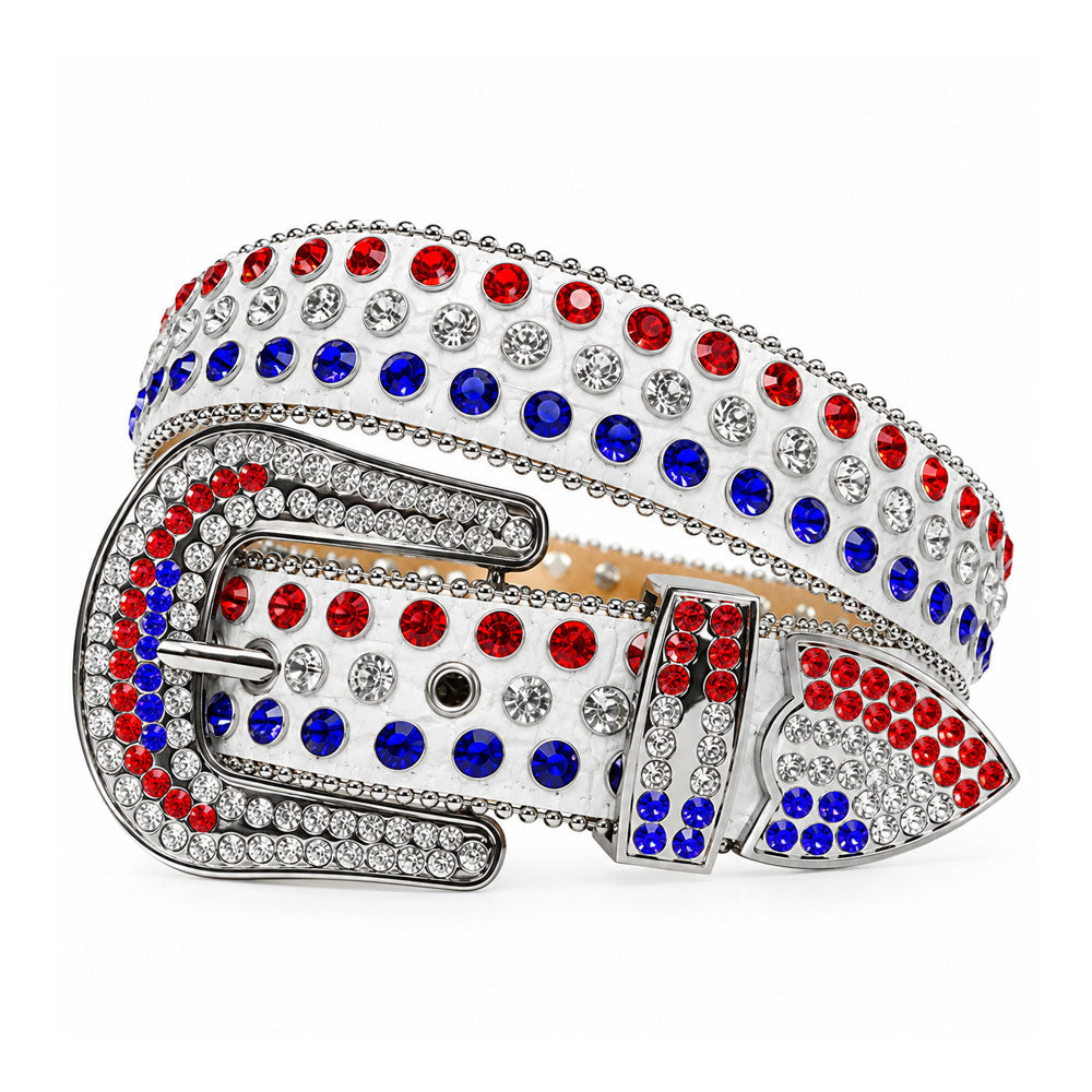 Red, White & Blue Rhinestone Western Belt - front view