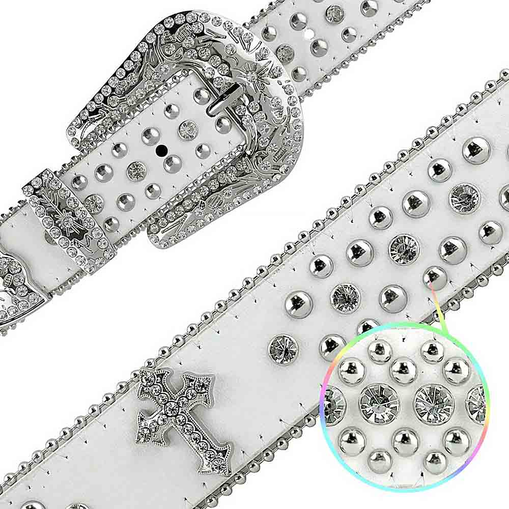 White Cross Studs With Studs And White Studs Studded Rhinestones Belts