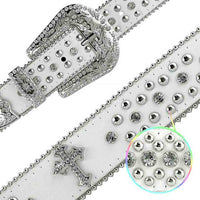 White Cross Studs With Studs And White Studs Studded Rhinestones Belts