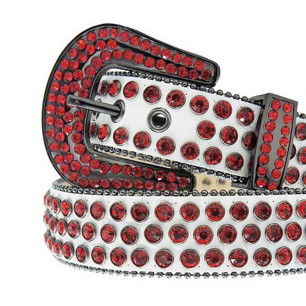 White Strap With Red Embellished Rhinestone Belt