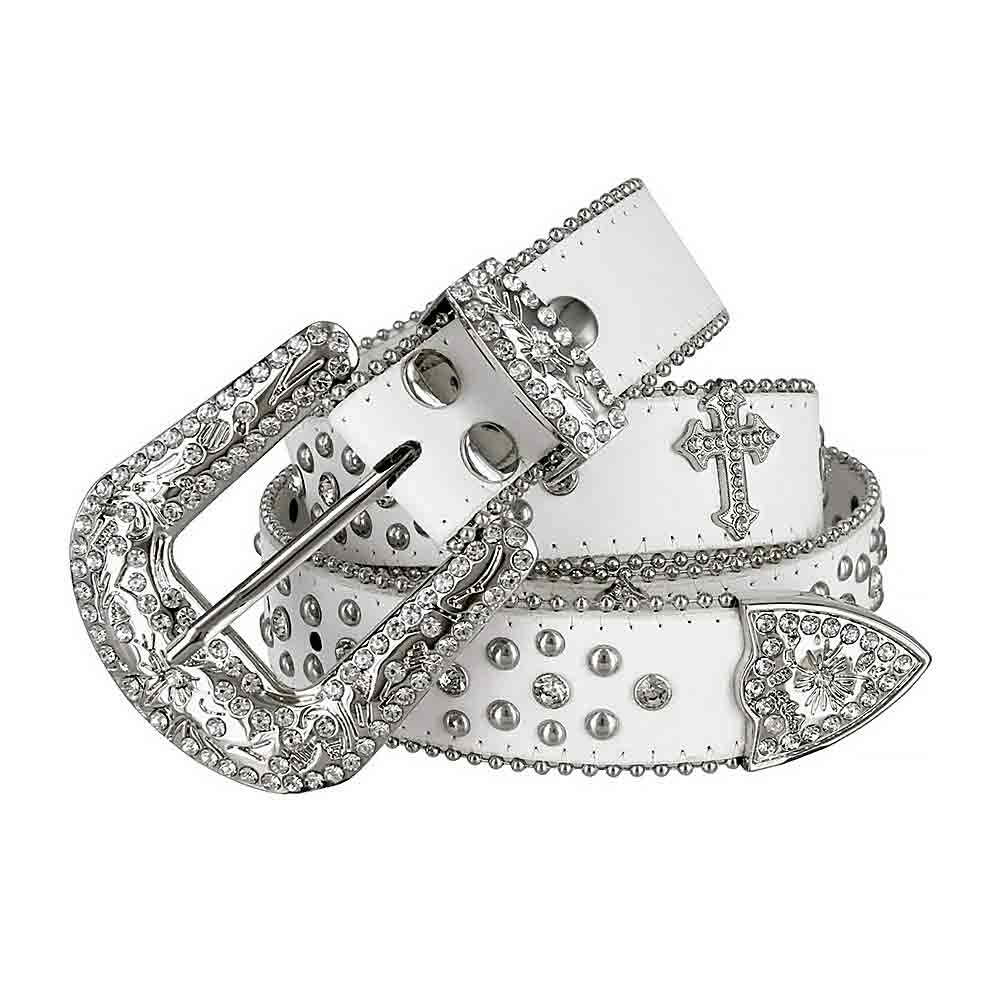 White Cross Studs With Studs And White Studs Studded Rhinestones Belts