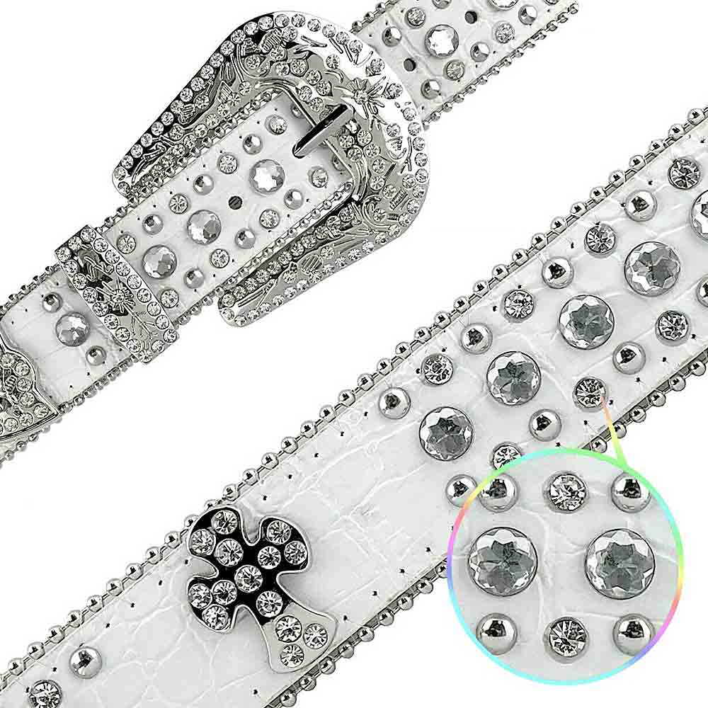 White Cross With Studs And White Gems Encrusted Rhinestones BB Belts