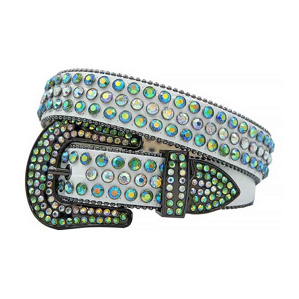 White Strap With Green & Multi Colour Encrusted Rhinestone Belt