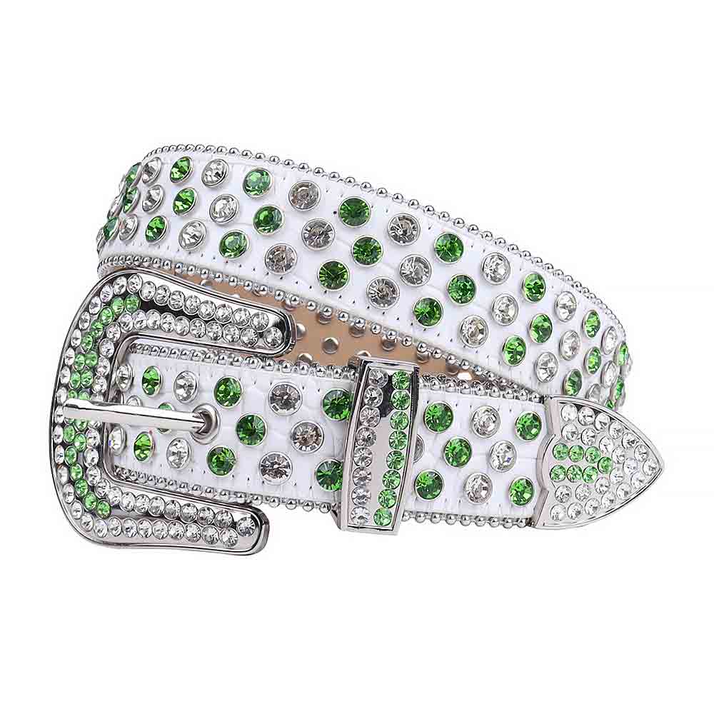 White Strap With Green & White Adorned Rhinestone Belt