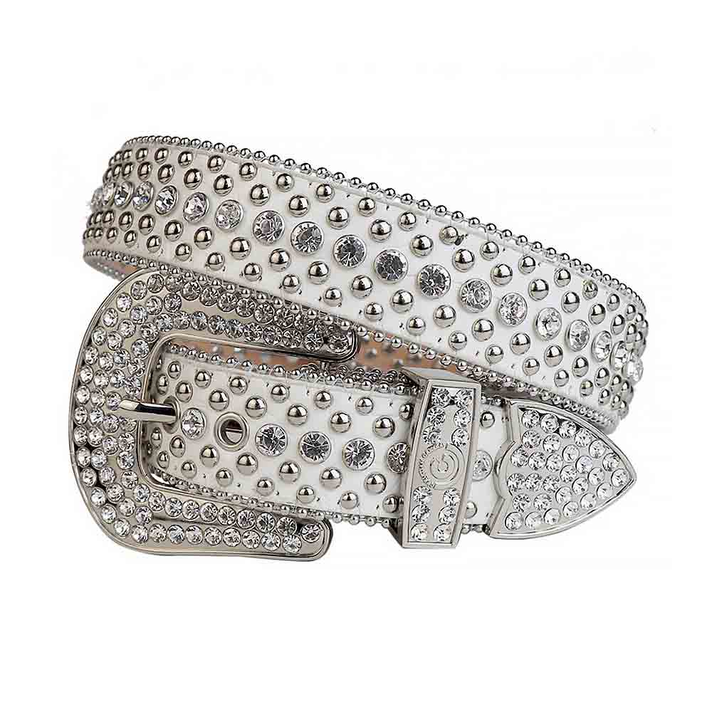 White Strap With Transparent Faceted Crystals Embellished Rhinestone Belt