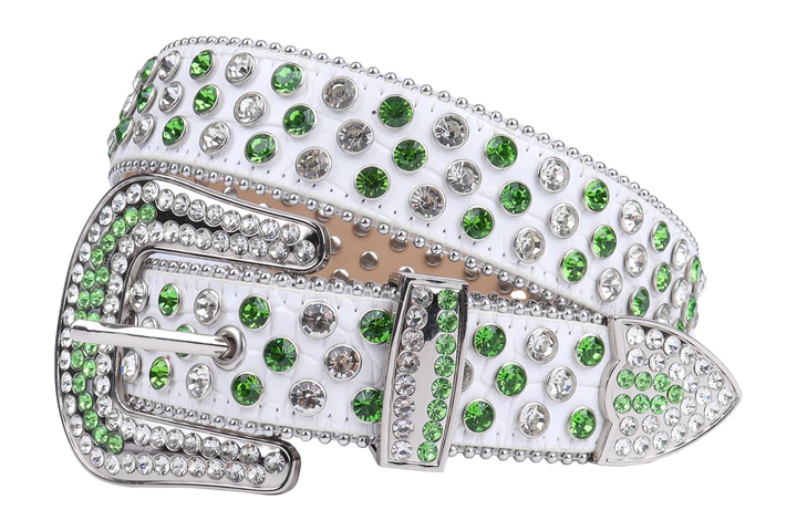 White Strap With Green & White Encrusted Rhinestone Belt