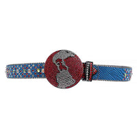 World Globe Blue Strap With Red & Transparent Adorned Rhinestone Belt