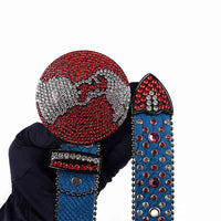 World Globe Blue Strap With Red & Transparent Adorned Rhinestone Belt