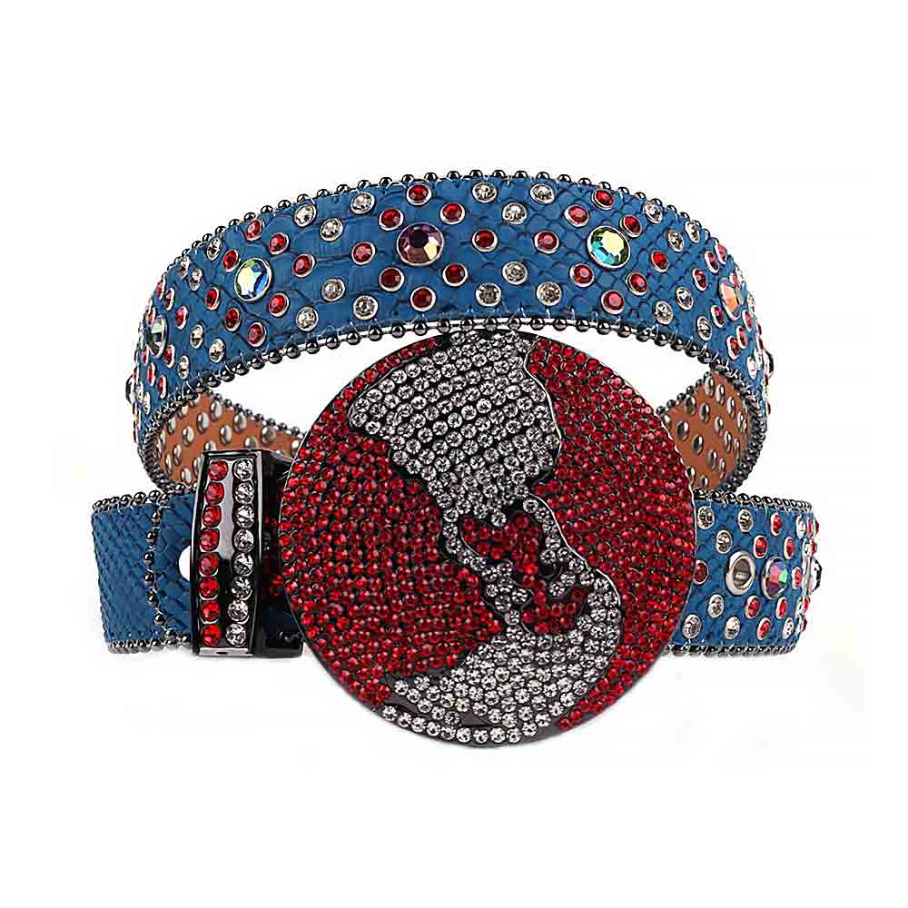 World Globe Blue Strap With Red & Transparent Adorned Rhinestone Belt
