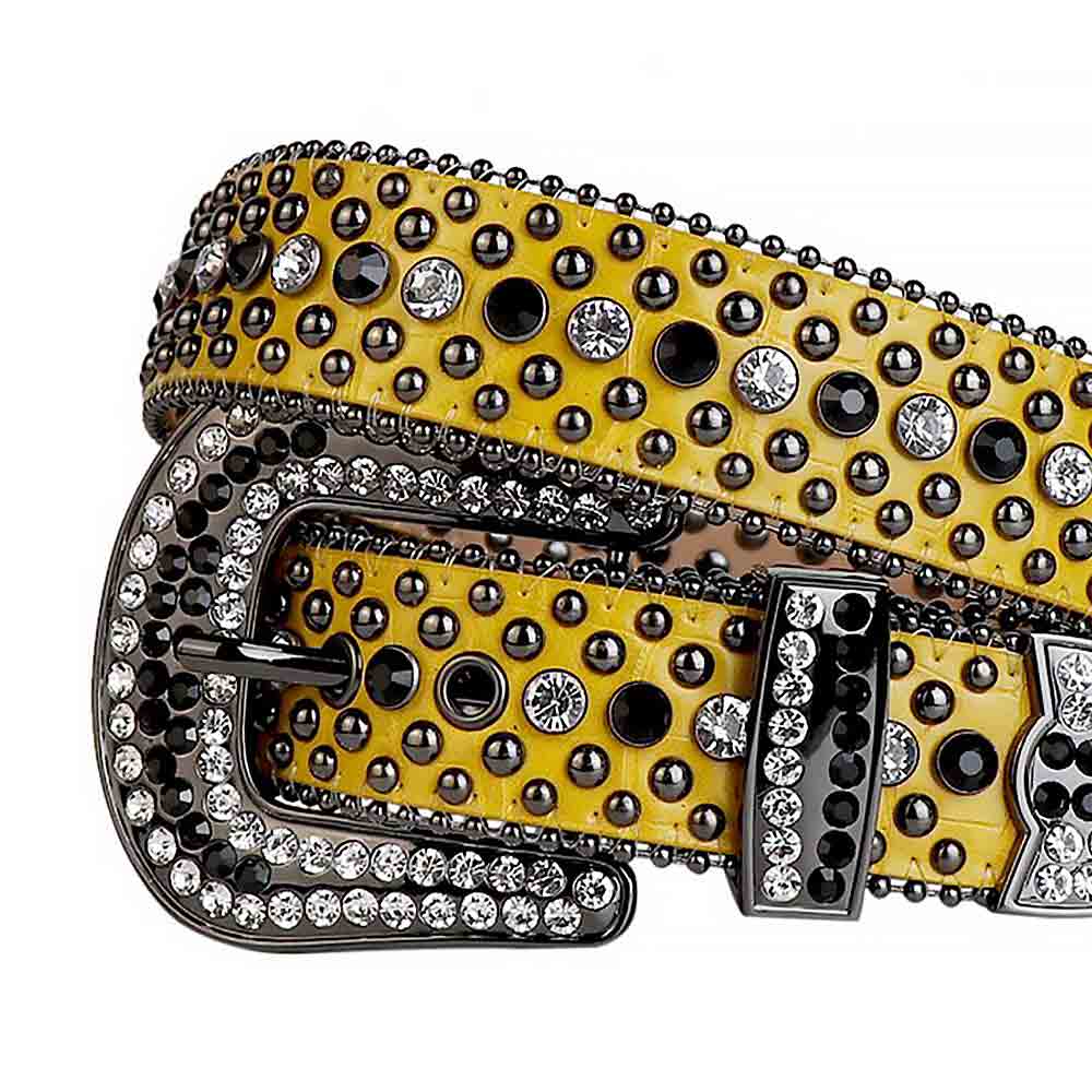 Yellow Strap With Black & Transparent Adorned Rhinestone Belt