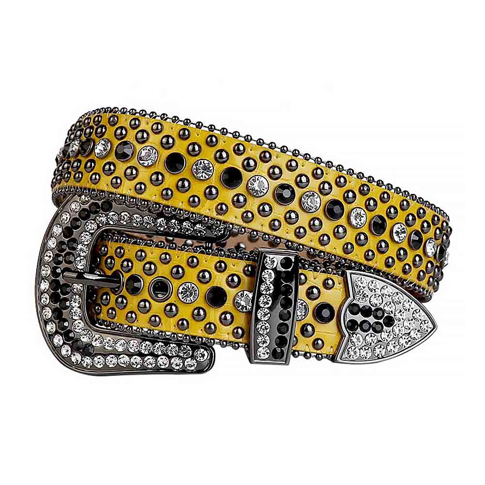 Yellow Strap With Black & Transparent Adorned Rhinestone Belt
