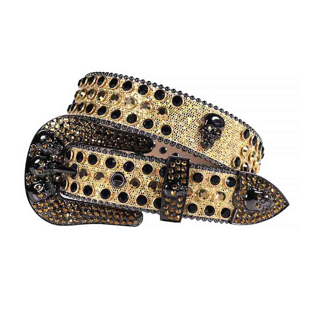 Crystal-Studded Sparkle Gold Leather Strap Skull Buckle Belts With Black And Gold Studs