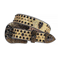 Crystal-Studded Sparkle Gold Leather Strap Skull Buckle Belts With Black And Gold Studs