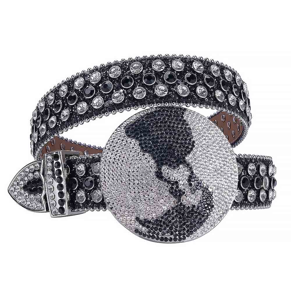 Globe Rhinestones Leather Waist Belt Black With Globe Shape Black And White Studs