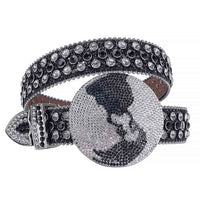 Globe Rhinestones Leather Waist Belt Black With Globe Shape Black And White Studs