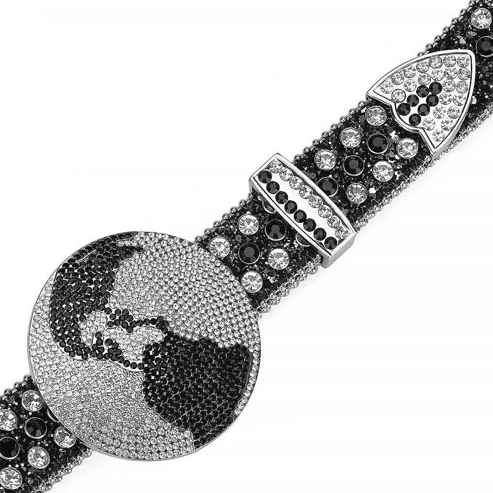 Globe Rhinestones Leather Waist Belt Black With Globe Shape Black And White Studs