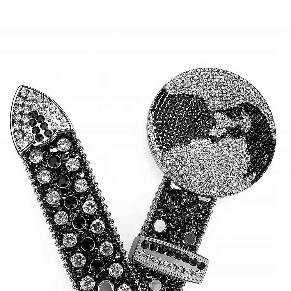 Globe Rhinestones Leather Waist Belt Black With Globe Shape Black And White Studs