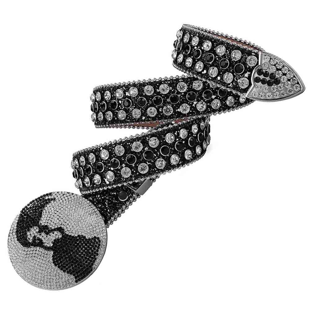 Globe Rhinestones Leather Waist Belt Black With Globe Shape Black And White Studs