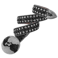Globe Rhinestones Leather Waist Belt Black With Globe Shape Black And White Studs