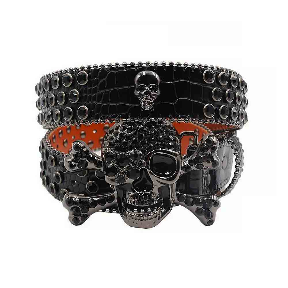Metal Skull Black Crocodile Strap With Black Embellished Rhinestone Diamond Belt