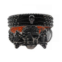 Metal Skull Black Crocodile Strap With Black Embellished Rhinestone Diamond Belt