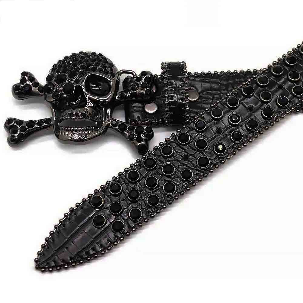 Metal Skull Black Crocodile Strap With Black Embellished Rhinestone Diamond Belt