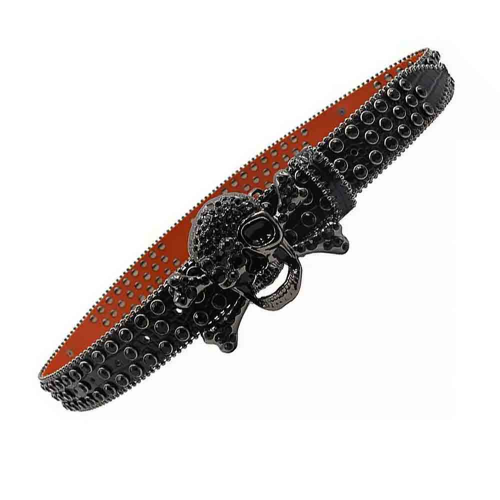 Metal Skull Black Crocodile Strap With Black Embellished Rhinestone Diamond Belt