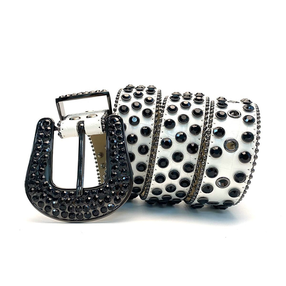 Black & White Crystal Rhinestone Western Belt with Black Buckle