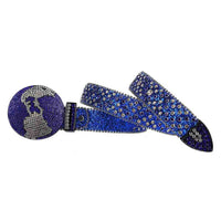 Globe Buckle Rhinestones Leather Waist Belt Blue With Circle Shape Blue And White Gems