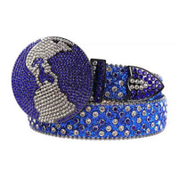 Globe Buckle Rhinestones Leather Waist Belt Blue With Circle Shape Blue And White Gems